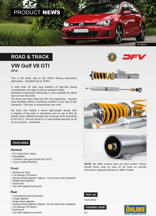 Ohlins Road & Track kit for VW MkVII Golf/GTI (2012-18) [VWS