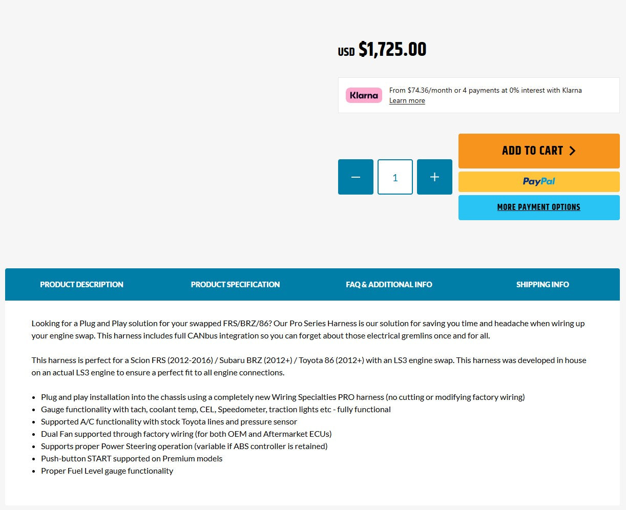Wiring Specialties LS3 Gen IV 58x DBW Wiring Harness for FRS/BRZ/86 - CANBUS PRO SERIES